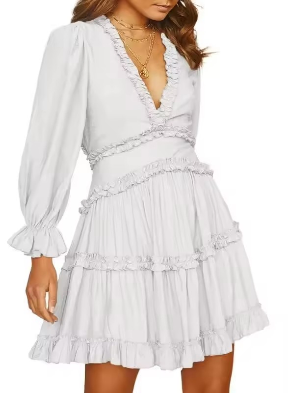 Vestido Casual de Manga Longa em V A-Line Boêmio para o Verão com Saia Curta
