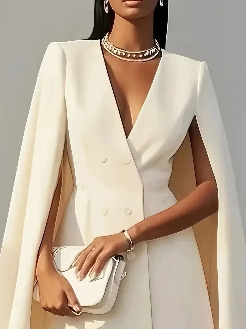 Vestido de Blazer Sólido para Mulheres, Comutador, Escritório, Dupla Frente, Cintura, Festa, Elegante, Decote em V, Manga de Capa, Roupas Femininas, Vestido Casual MIDI