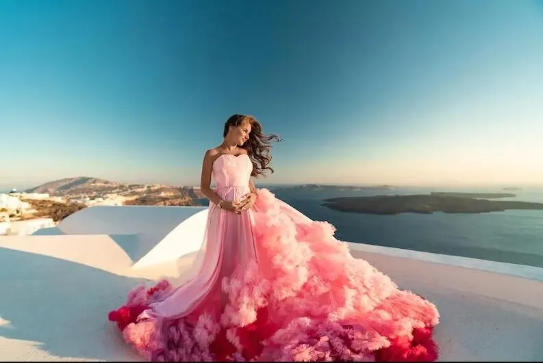 Vestidos Casuais Rendas Fotografia de Casamento Cores Rosas Tule Fofo Vestido Boho Bridal Ensaio Praia Maternidade H5215