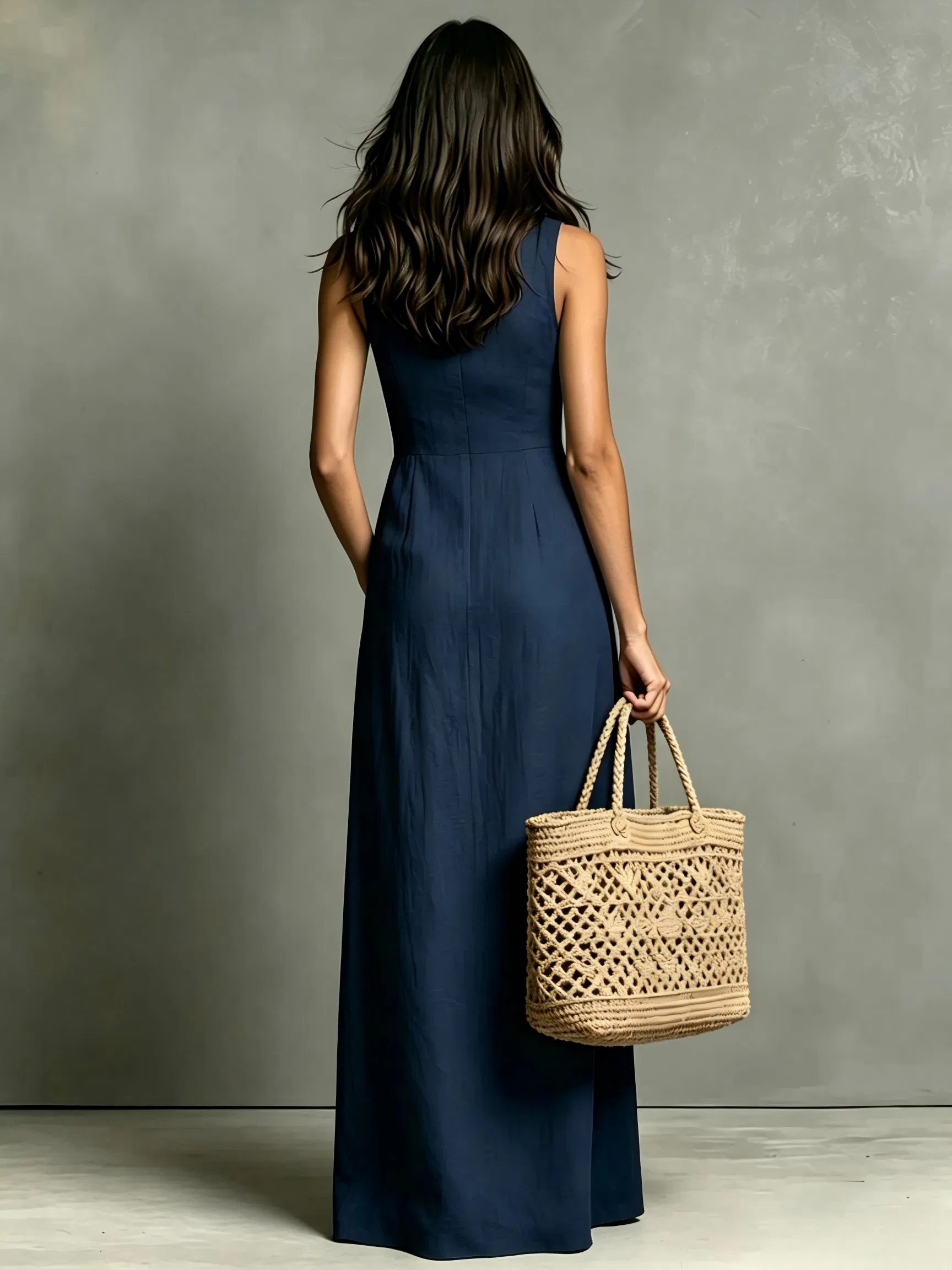 Vestido midi casual sem mangas com lapela e botões, em cor sólida, com bolsos