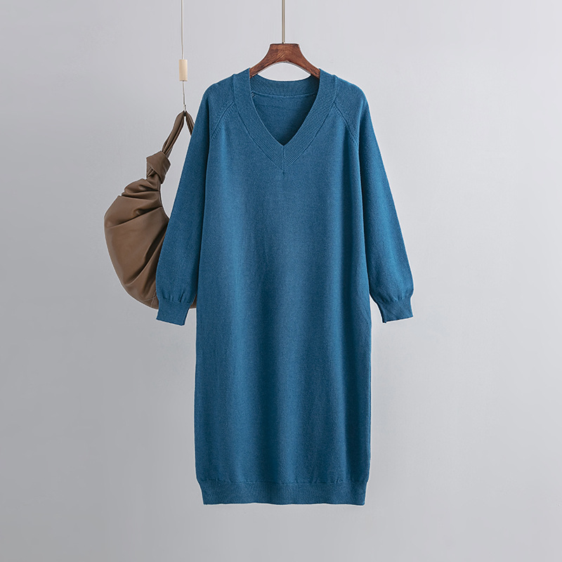 Vestido de malha solto de tamanho grande com decote em V casual para mulheres, outono e inverno
