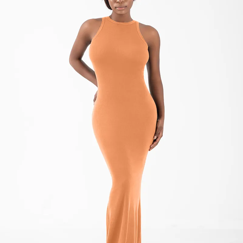 Vestido Maxi Casual Sem Mangas em Malha Ribana para Mulheres