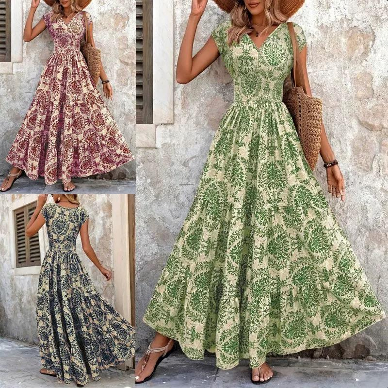 Vestidos Casuais Femininos Impressos de Verão em Atacado, de Cor Sólida, com Mangas Curtas