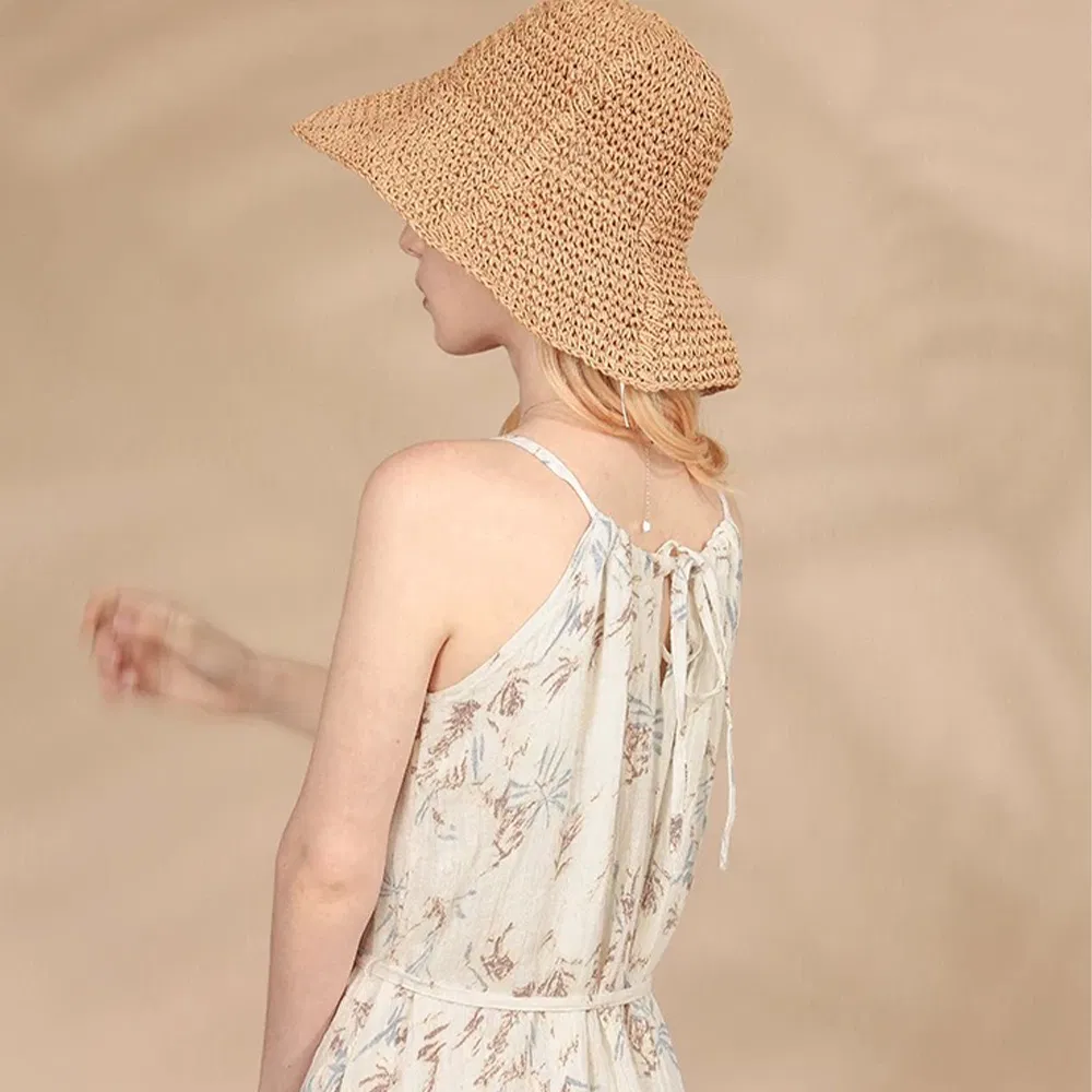 Vestido de Praia Casual Personalizado para Mulheres, Vestido de Alça Sem Mangas, Estilo de Férias de Verão, Sexy, Decote em V, Vestido Midi Floral em Linho