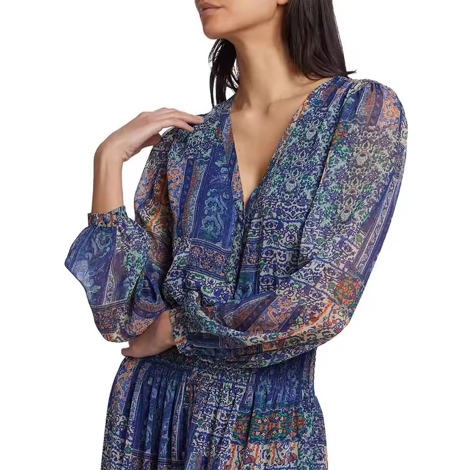 Fabricante Vestido Maxi V-Neck Casual Boho Vintage com Botão Frontal e Cintura Elástica Estampado para Mulheres Retro Chic