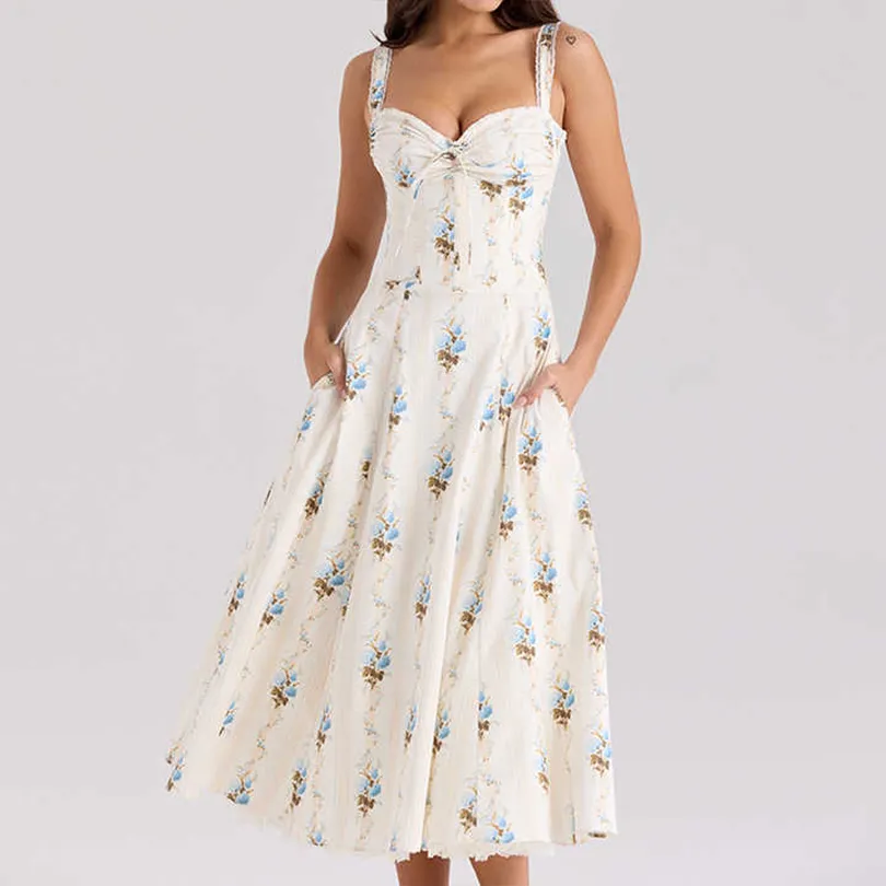 Casual Slip Dress Cream Floral Print Cotton Corset MIDI Dress