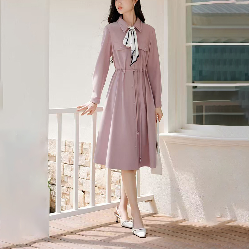 Novo Estilo Estilo Francês Blusa Vestido Casual de Manga Longa com Gola Ajustada para o Dia