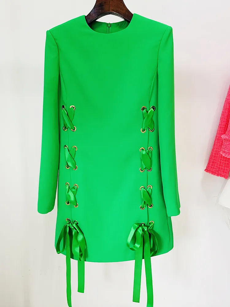 Vestido Casual de Manga Longa com Gola Redonda e Cinto de Fita Fashionável