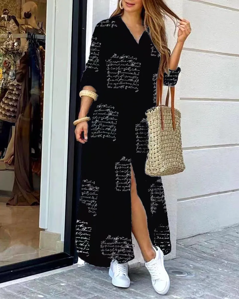 Vestido Camisa Feminino Casual de Manga Longa com Barra Irregular Estampada