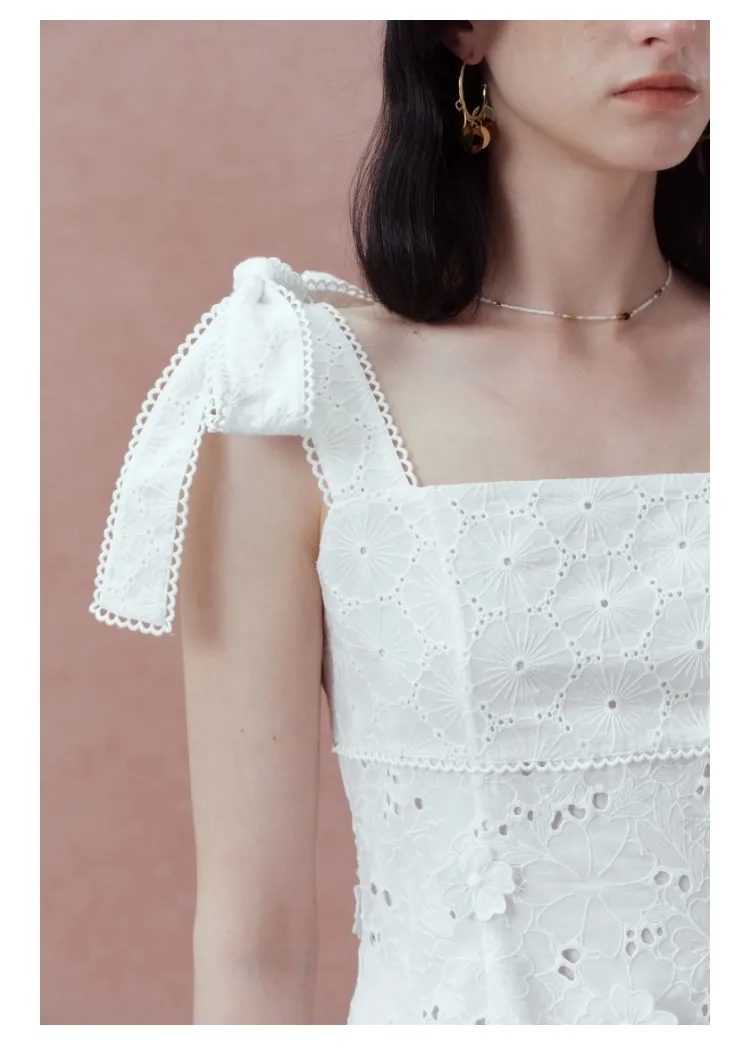 Vestido de Verão Feminino de Lazer Atacado Marca Algodão Bordado Tecido Laço no Ombro Vestido Longo para Uso Casual Diário