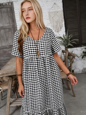 Vestido Maxi de Viscose Gingham Preto e Branco - Vestido Longo Casual Flowy de Verão Boho para Mulheres