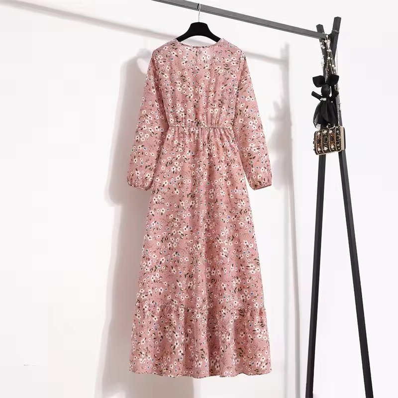 Vestido Maxi Boho de Primavera Verão para Mulheres Airy, Mangas Longas, Delicados Designs Florais, Gola Redonda, Casual e Elegante para Festas na Praia