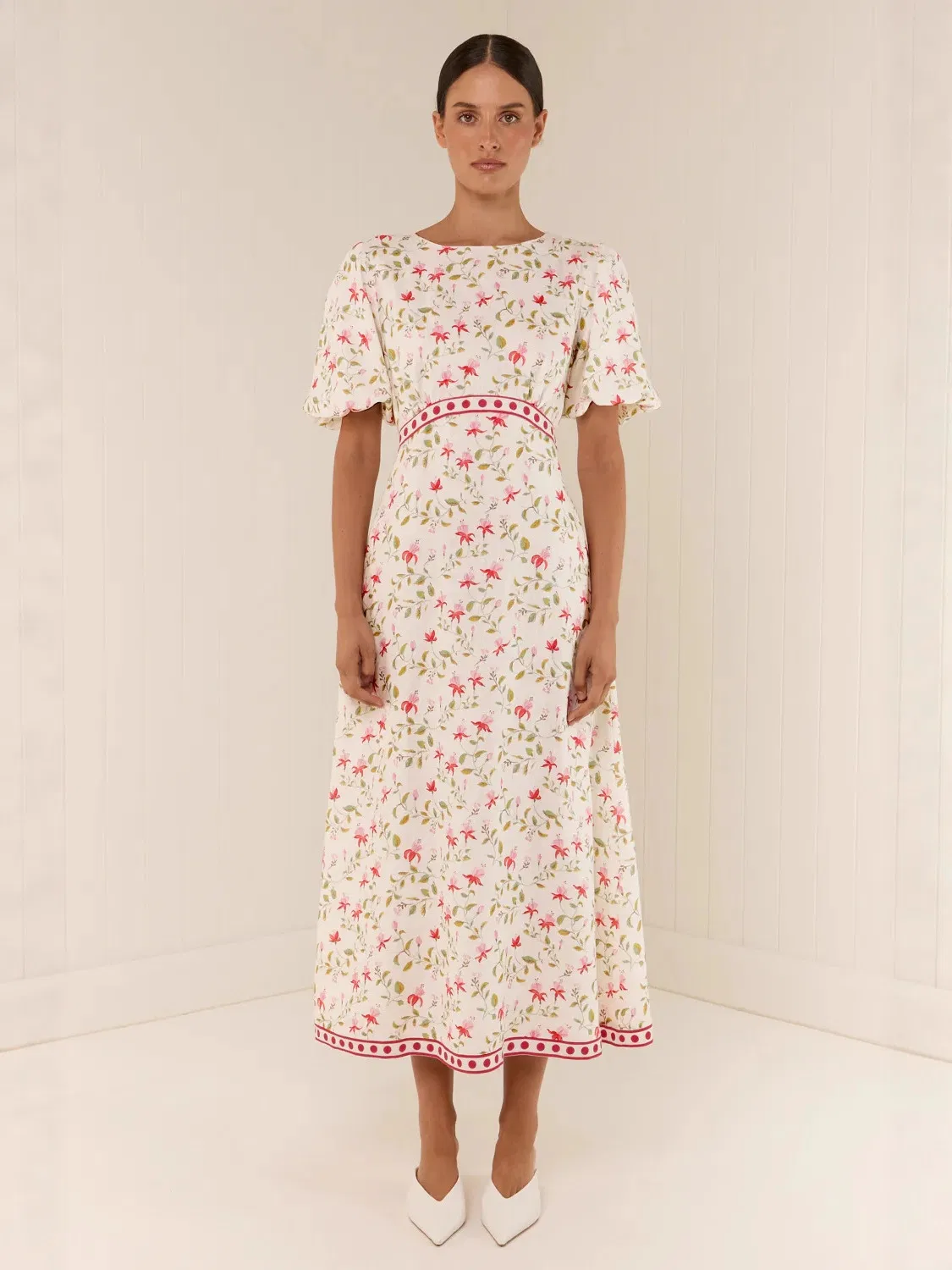 Vestido MIDI de Linho com Mistura para Mulheres, Decote Redondo, Manga Bufante, Estampa Floral com Acabamento em Contraste, Vestido Casual de Verão