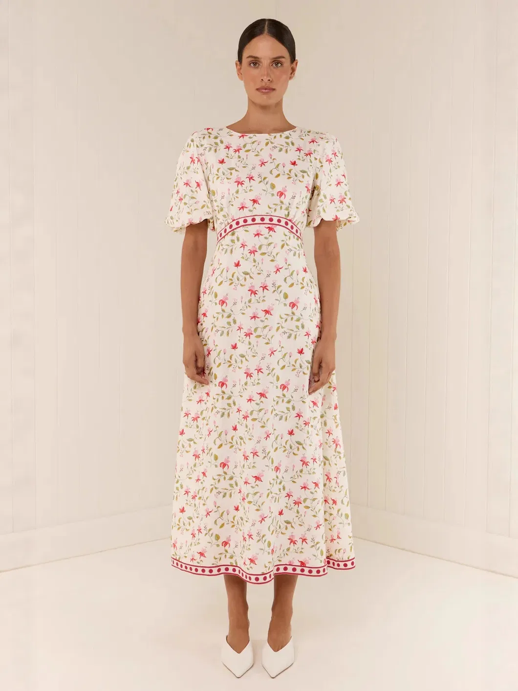 Vestido MIDI de Linho com Mistura para Mulheres, Decote Redondo, Manga Bufante, Estampa Floral com Acabamento em Contraste, Vestido Casual de Verão