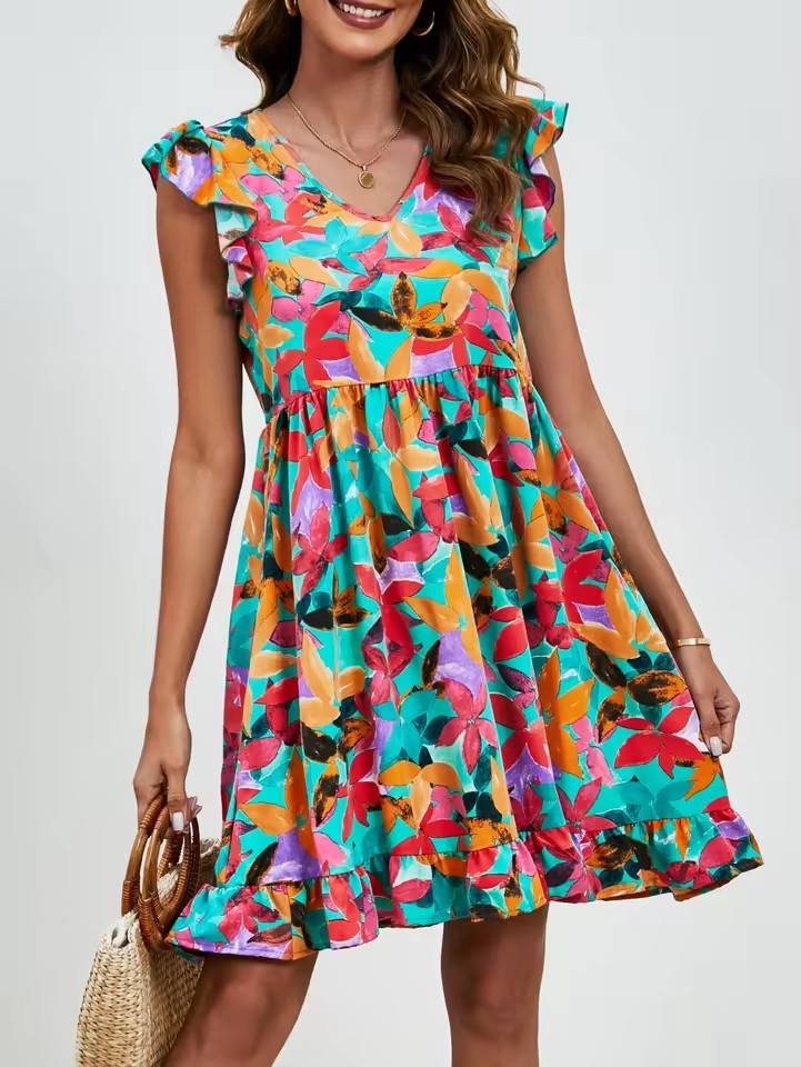 Vestido Casual Midi Feminino de Verão com Padrão de Folhas em Poliéster de Alta Qualidade, Decote em V, Com Babados, Mangas Curtas, Solto na Cintura, Estilo de Férias