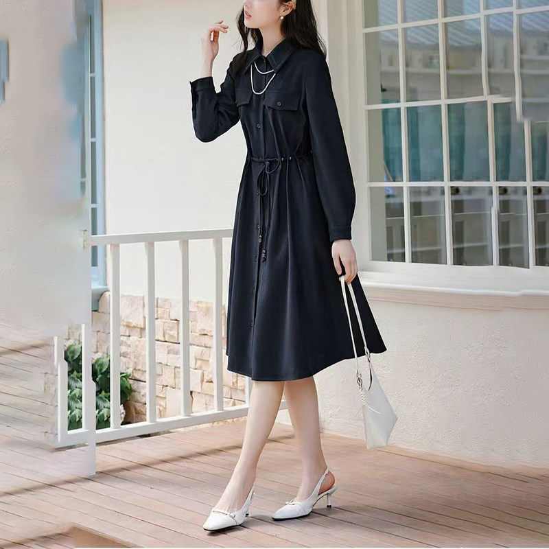 Novo Estilo Estilo Francês Blusa Vestido Casual de Manga Longa com Gola Ajustada para o Dia
