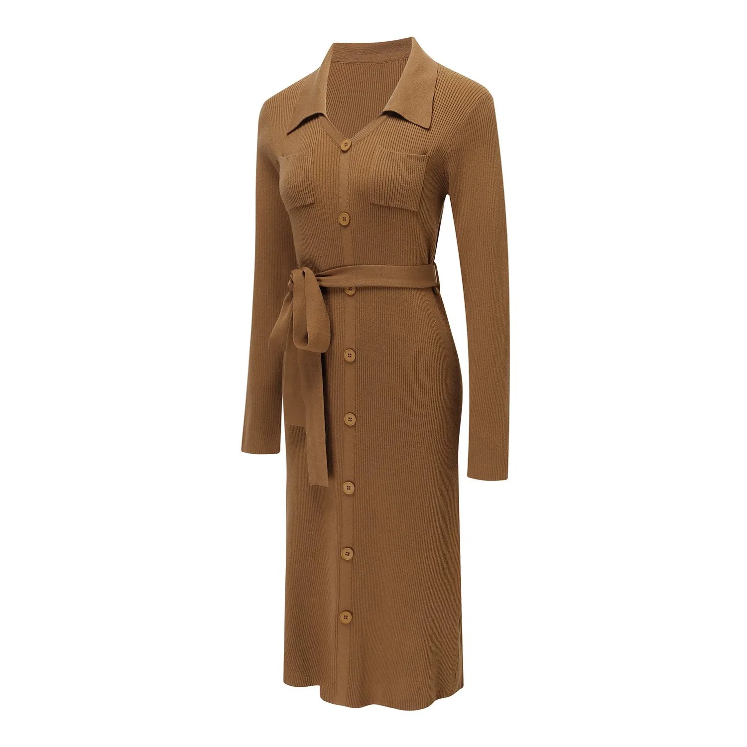 Vestido de malha midi elegante para mulher, suéter casual de botão de manga longa
