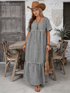 Vestido Maxi de Viscose Gingham Preto e Branco - Vestido Longo Casual Flowy de Verão Boho para Mulheres