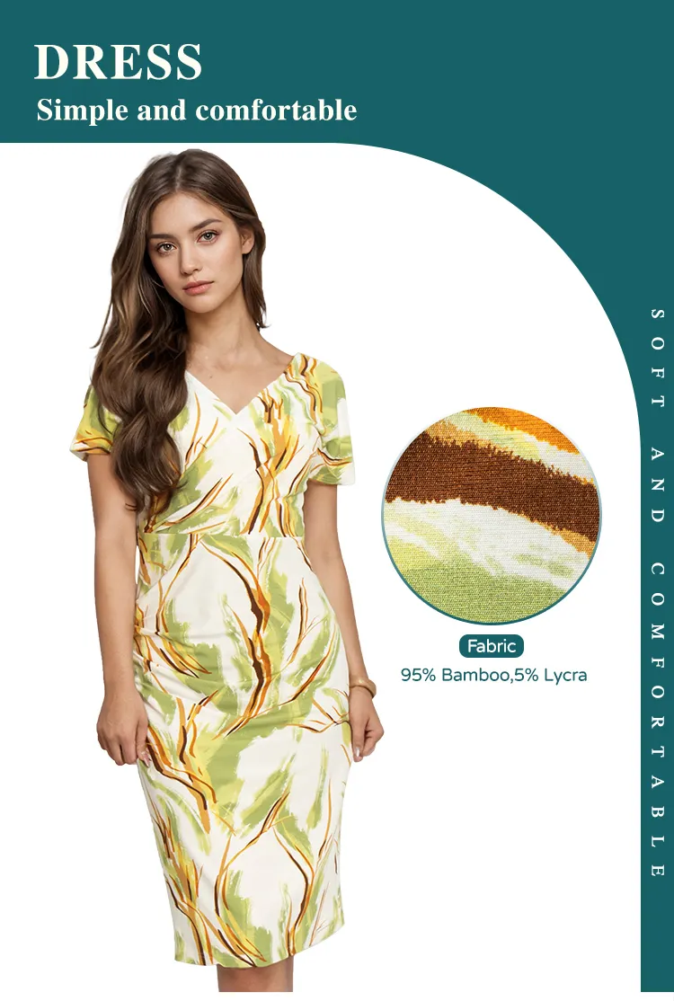 Vestido Justo Impresso de Manga Curta Casual com Decote em V
