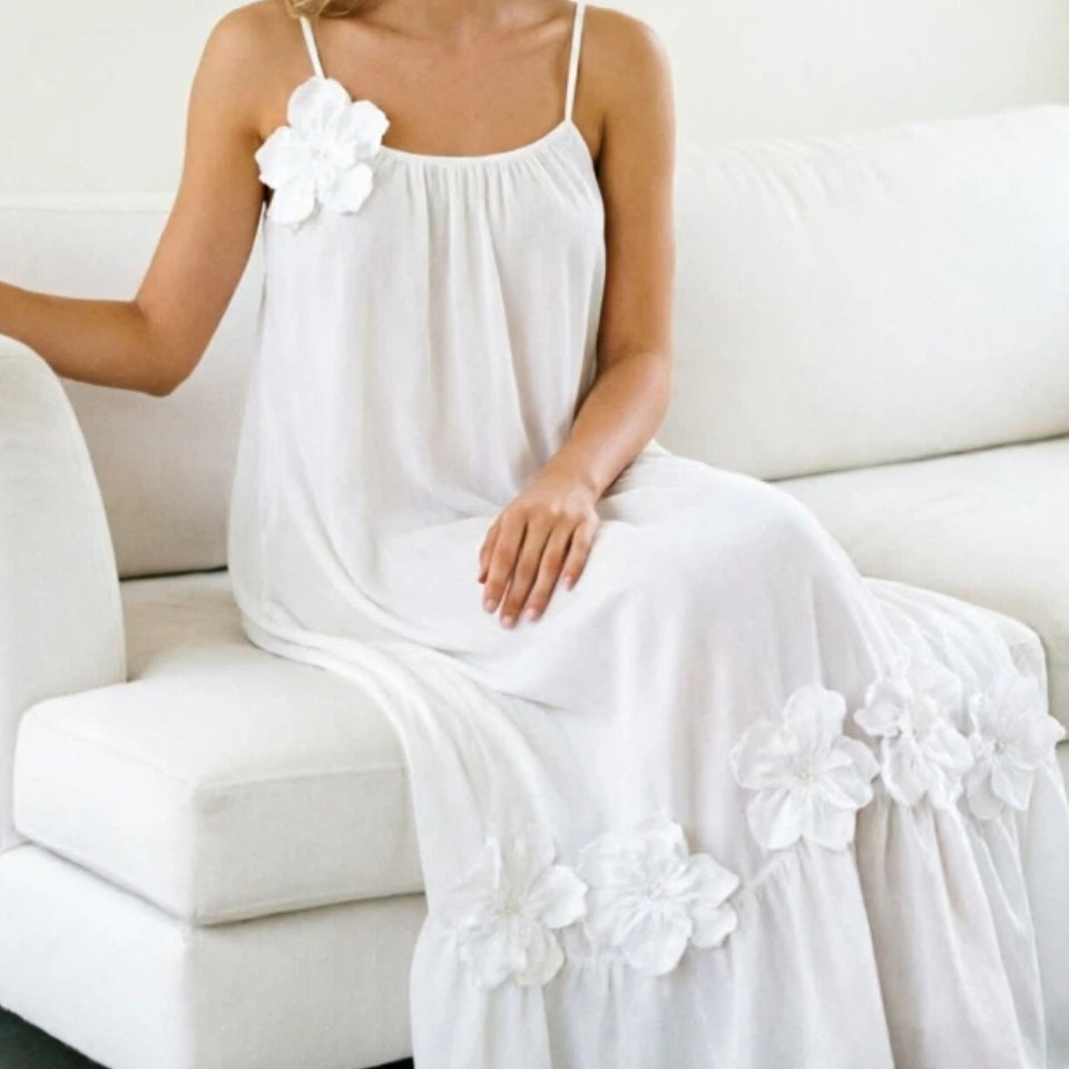 Vestido Floral Elegante para Mulheres Primavera Verão Casual Decote Redondo Manga Longa Elegante Alça de Espaguete Solto Cor Sólida 3D Vestido de Flores Vestido