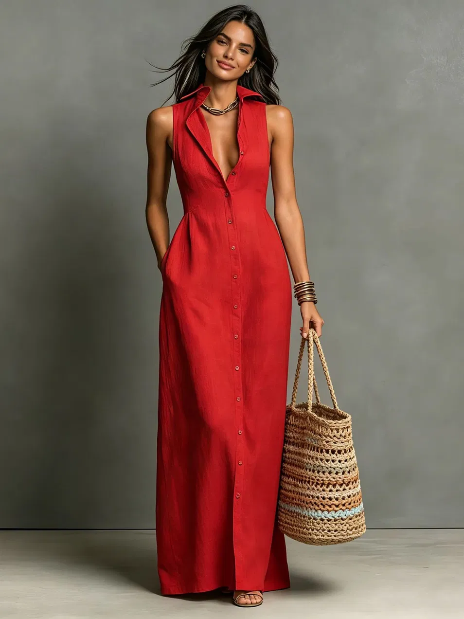 Vestido midi casual sem mangas com lapela e botões, em cor sólida, com bolsos