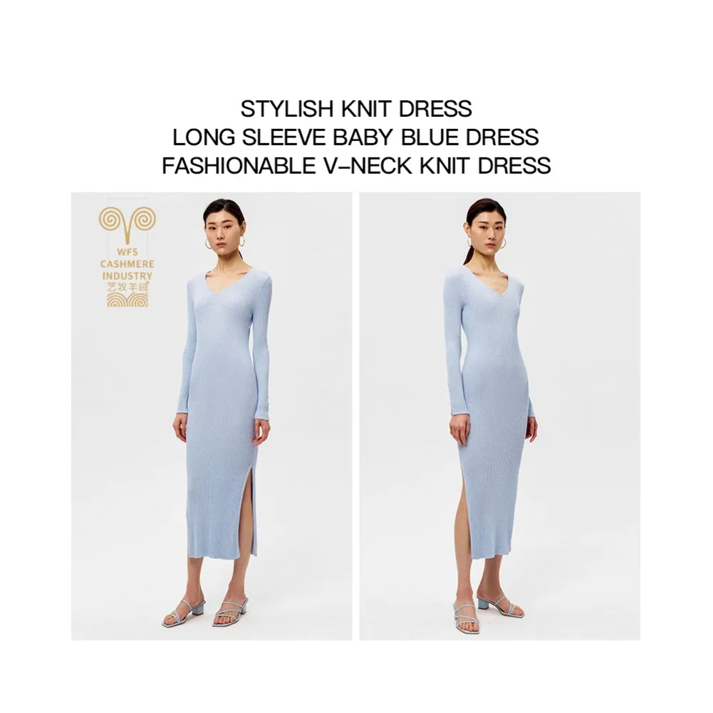 Vestido maxi de malha casual de manga longa com decote em V, sólido e de cor única, personalizado para mulheres, outono e inverno
