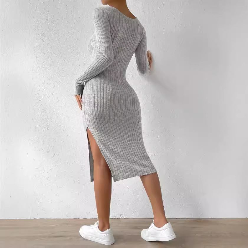 Americano Europeu Popular 2025spring Verão Novo Vestido Longo de Malha com Fenda de Manga Comprida e Gola Redonda Estilo Casual Justo Feminino