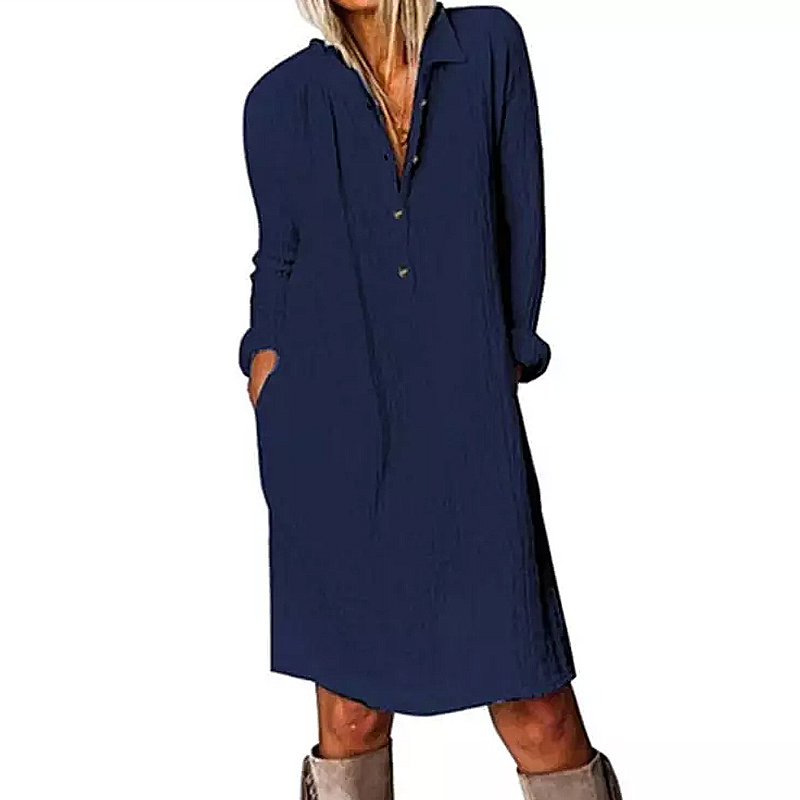 Estilo Quente Primavera Outono Roupas Femininas Novo Vendido Quente Vestido Casual de Algodão Linho com Manga Longa e Lapela com Botão Cor Sólida Europeia