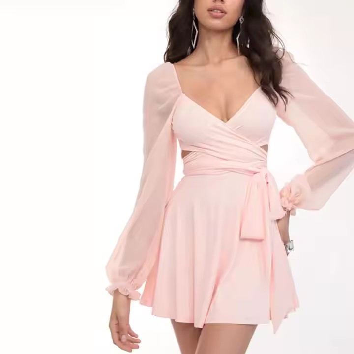 Vestido de Verão com Mangas Puff Personalizado por Atacado para Mulheres, Vestido Elegante de Chiffon, Vestidos Casuais para Mulheres