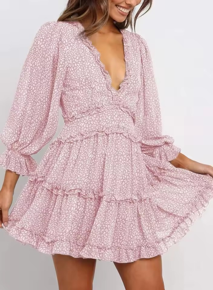 Vestido Casual de Manga Longa em V A-Line Boêmio para o Verão com Saia Curta