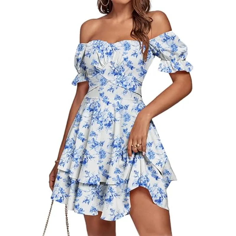Vestido casual de manga curta em camadas, plissado, estilo envolvente, com amarração nas costas e ombros à mostra