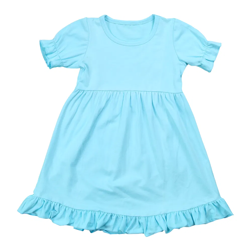 Vestido Casual de Verão Infantil de Manga Curta em Algodão Puro com Renda em Cores Sólidas