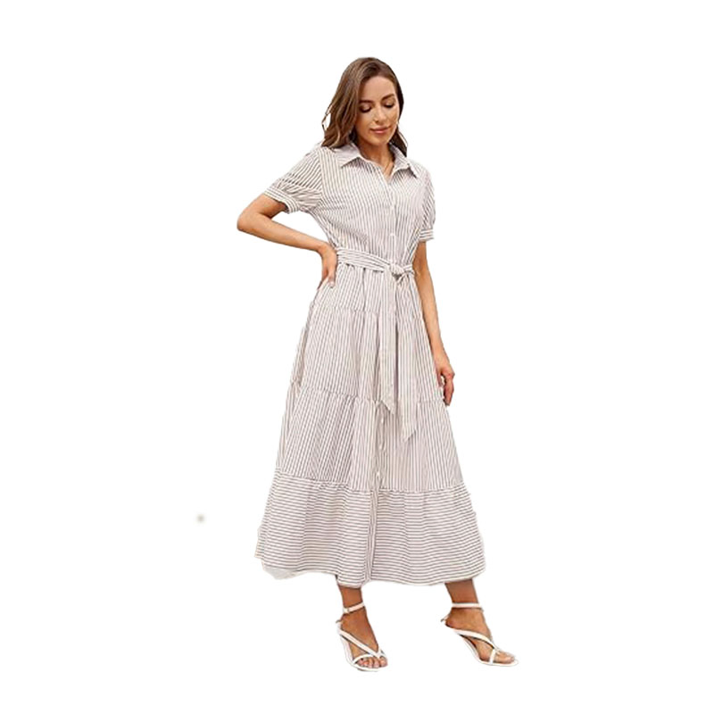 Vestido Blusa Listrada de Manga Longa com Botões na Cintura e Renda para Mulheres