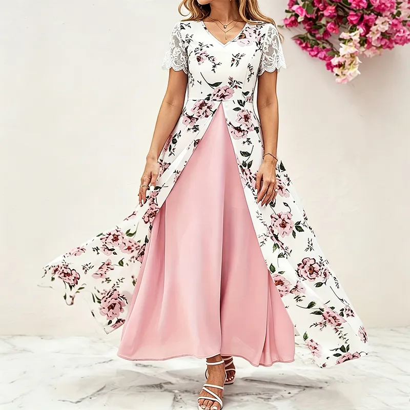 Vestido Maxi Sem Mangas com Estampa de Folhas Verdes Boho, Decote em V, Frente Torcida, Cintura Alta, Fluido, em Camadas, Casual de Verão para Praia