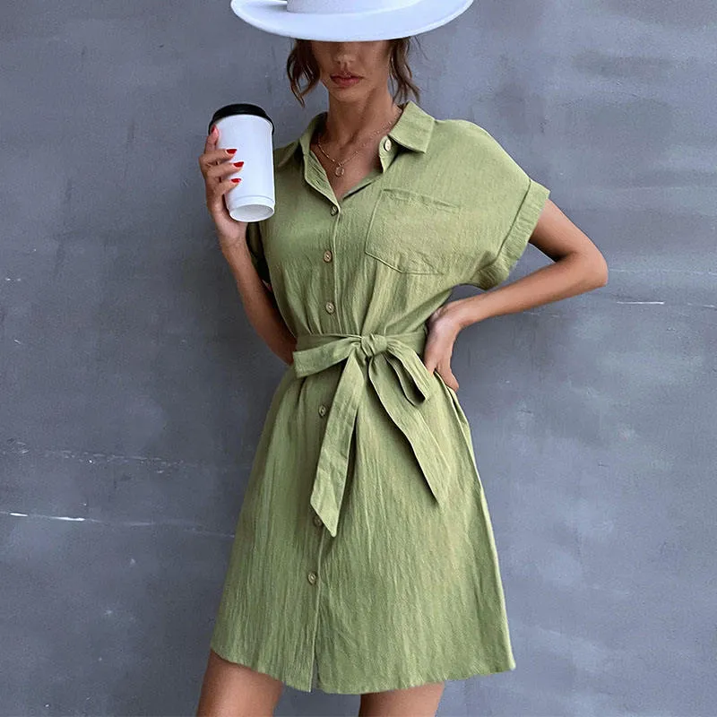 Vestido Casual Feminino de Manga Curta Verão Cor Sólida com Cinto
