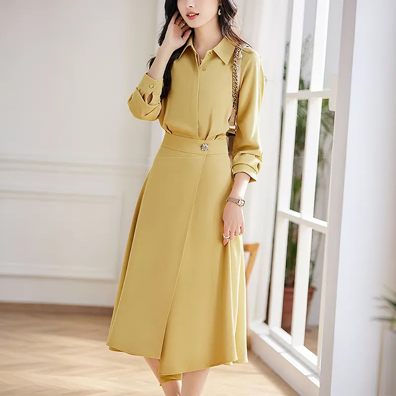 Camisa de Negócios Casual de Manga Longa Elegante com Design de Vestido em A-Line