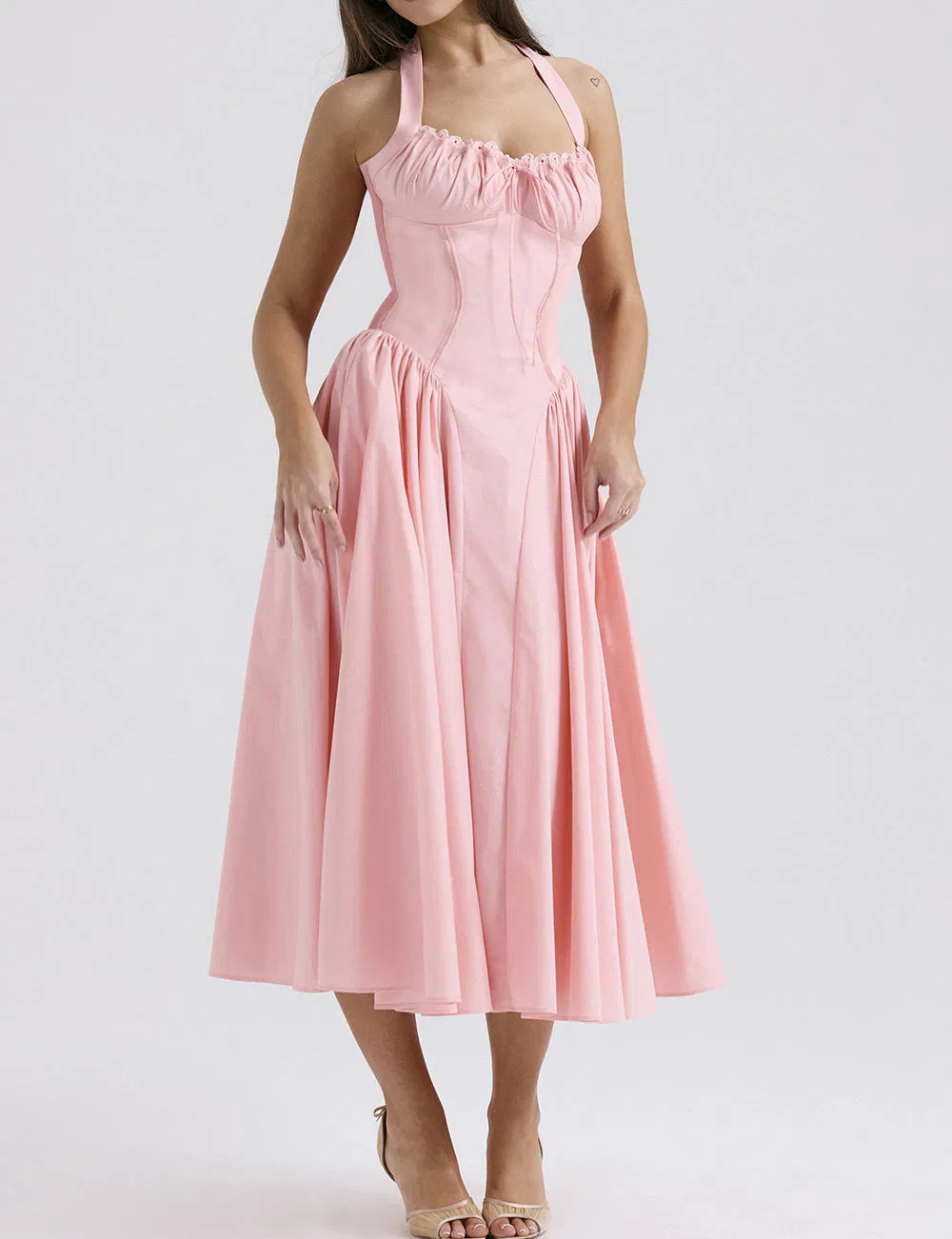 Preço de Fábrica Vestido MIDI de Algodão Rosa Feminino com Decote Halter Vestido Elegante para Noite Casual Festa Personalizável OEM/ODM Todos os Tamanhos Disponíveis
