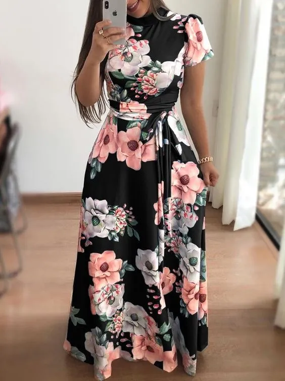 2024 Roupas Femininas Vestido Floral Maxi Vestido Bandagem Vestidos Casuais