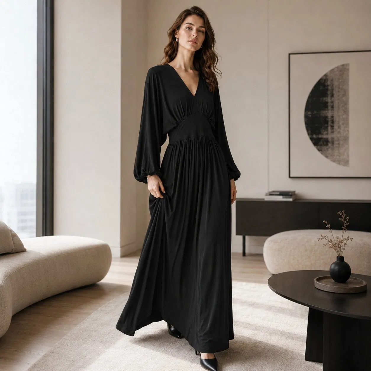 Vestido Maxi com Decote em V Sólido, Cintura Reunida, Manga Longa Balão, Solto e Fluido, Comprimento até o Chão, Casual, para Lazer, Cor Personalizada em Estoque, Atacado