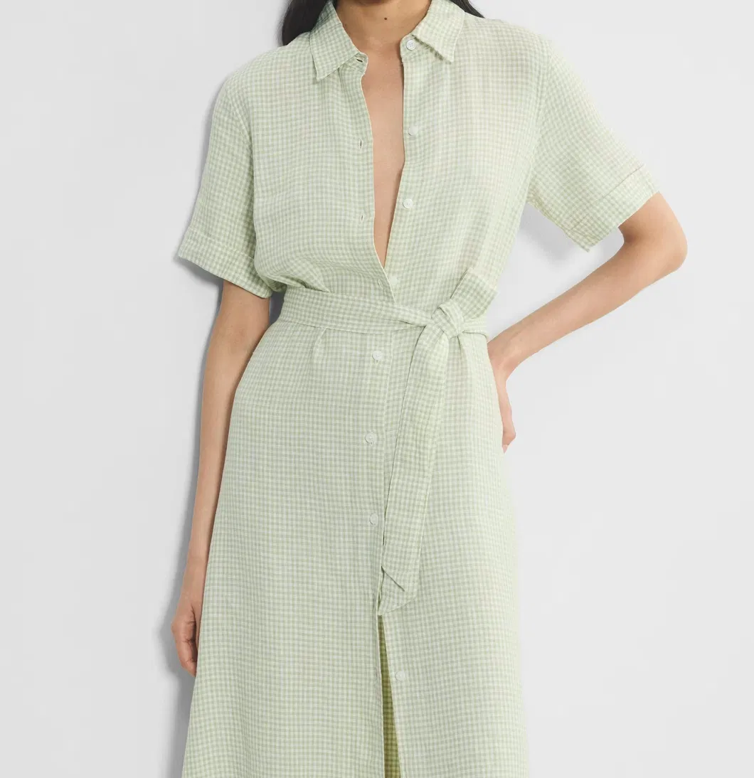 Vestido Casual Longo de Manga Curta com Cintura em Padrão de Cheque Verde Claro para Mulheres de Verão