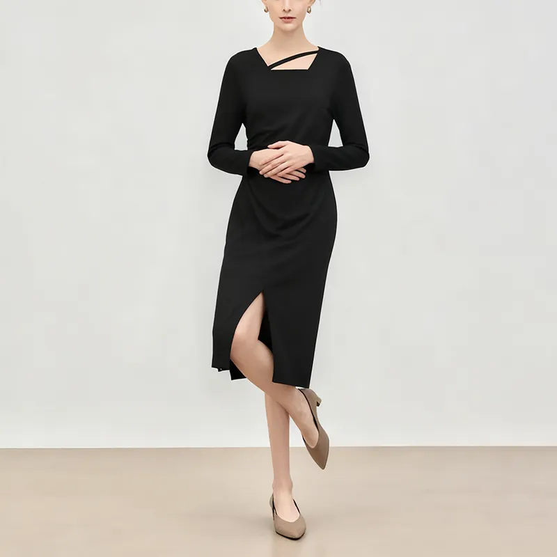 Vestido Casual Longo de Manga Longa com Gola Média e Decote Quadrado
