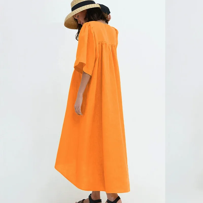 Vestido de Verão Casual Feminino de Linho com Decote em V, Manga Curta, Solto, A-Line, Cor Sólida, para o Dia a Dia
