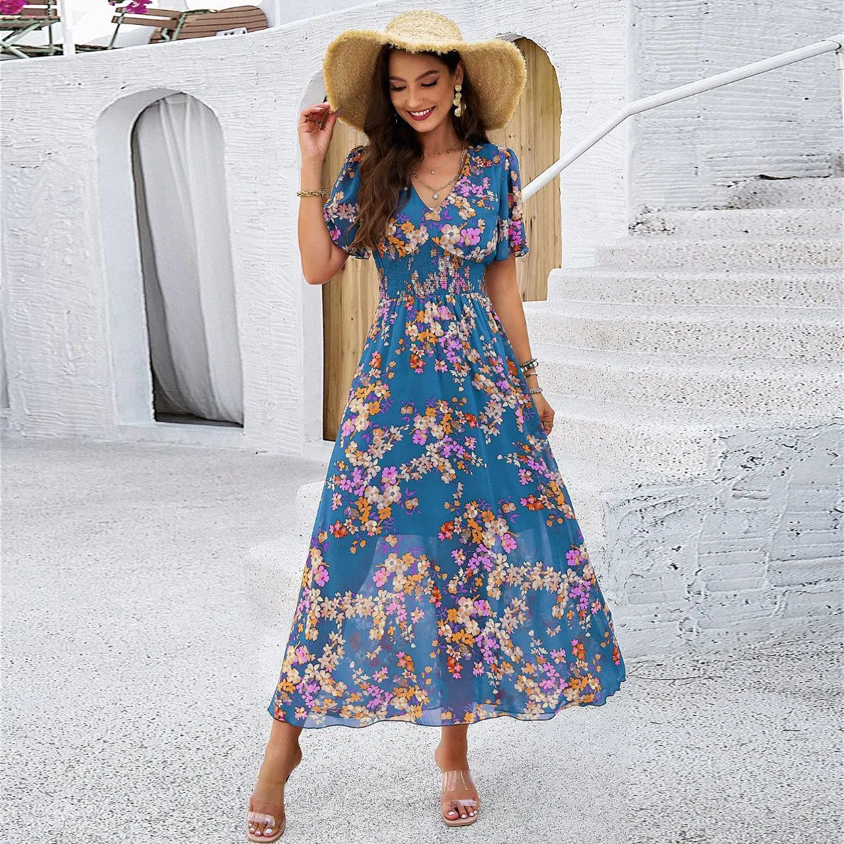 Vestido Floral com Decote em V para Mulheres, Casual, Solto, com Mangas Curtas, Cintura Alta, Vestidos para Mulheres, Envolvente, Vestido Feminino de Guangzhou