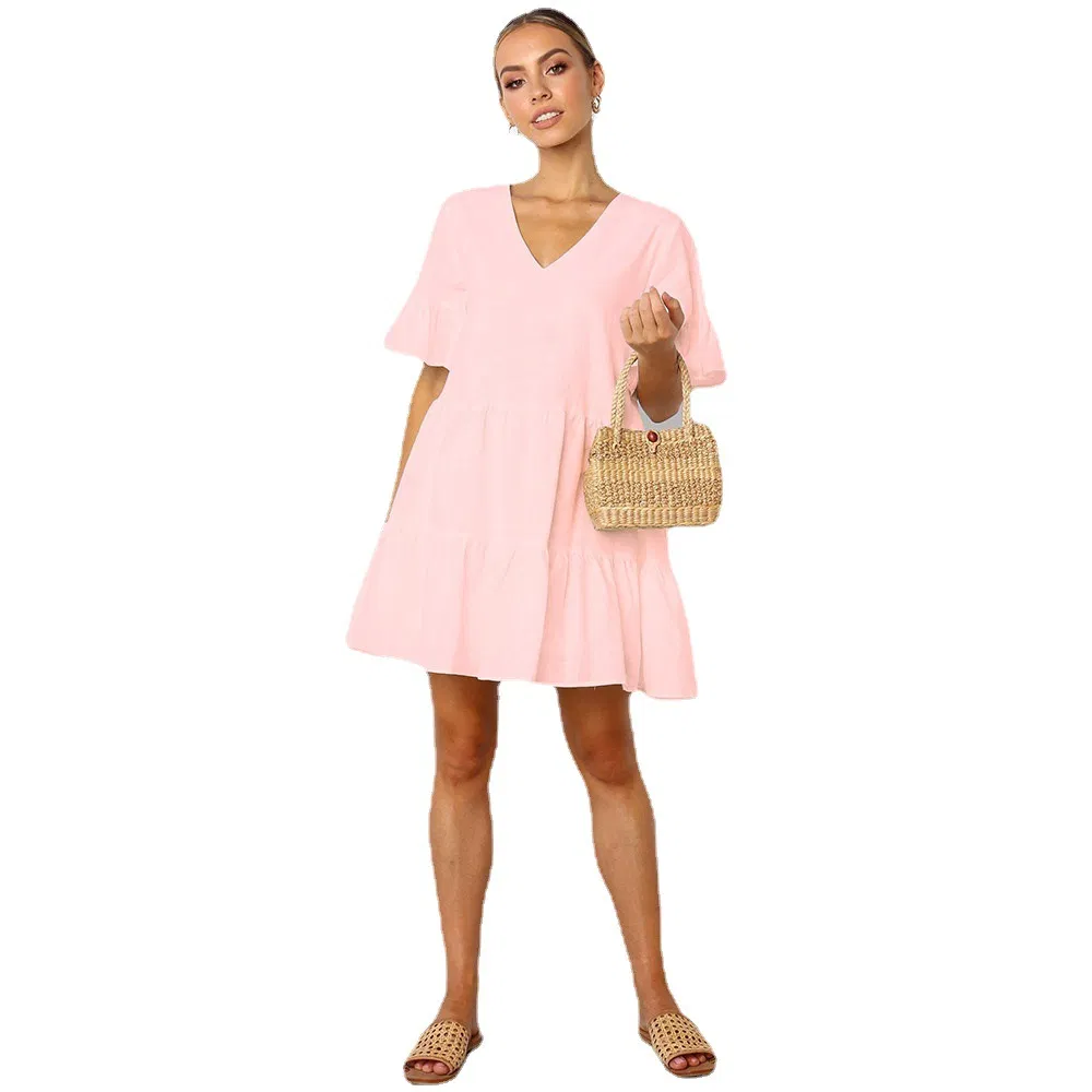 Melhores Vendas Vestido Casual Elegante Feminino de Manga Curta com Decote em V em Cores Sólidas Europeu e Americano