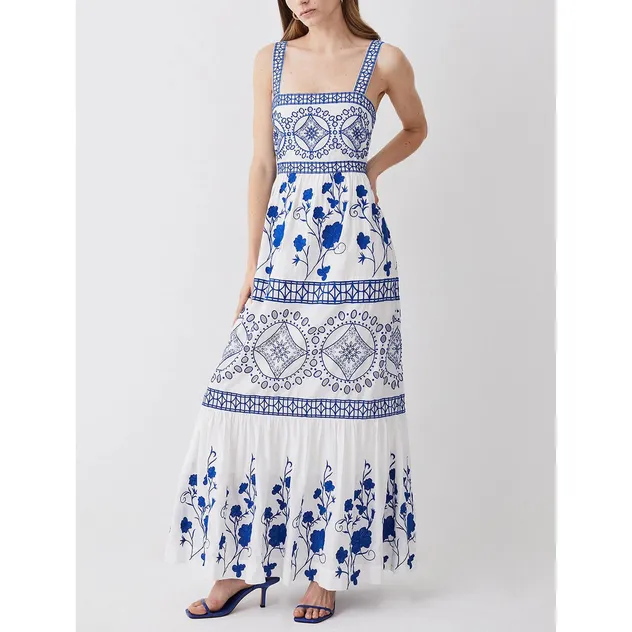 Vestido Maxi de Linho Feminino Estampa Vintage Alça Fina Sem Mangas Design Sexy Casual para Verão Noite Preço de Fábrica Todas as Tamanhos Disponíveis Personalizado OEM/ODM