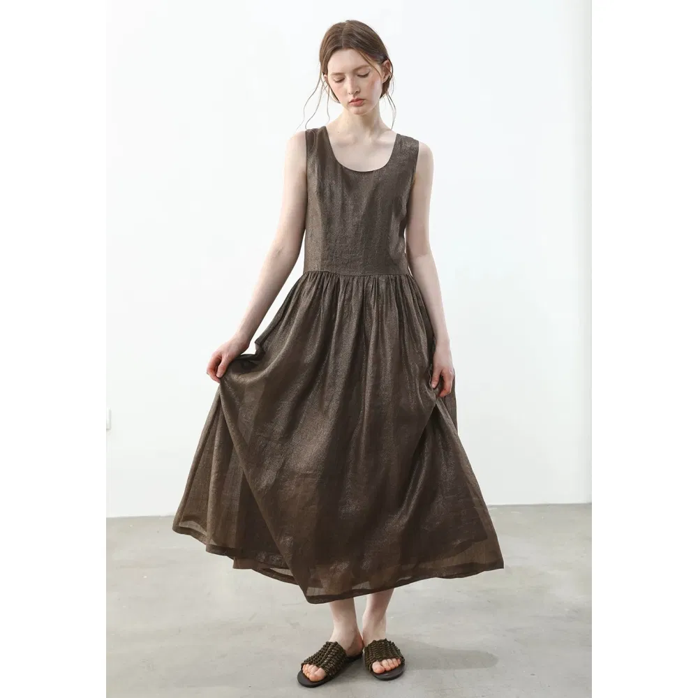 Vestido Maxi Sem Mangas de Linho com Glitter Dourado Personalizado OEM da China, Decote Quadrado Francês, Corte A, Casual para Trabalho no Escritório, Atacado de Verão para Mulheres