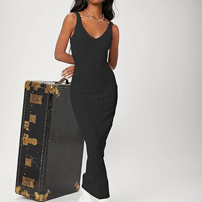 Vestido Midi Justo Feminino Sexy em Malha Canelada com Decote em V Casual Sem Mangas