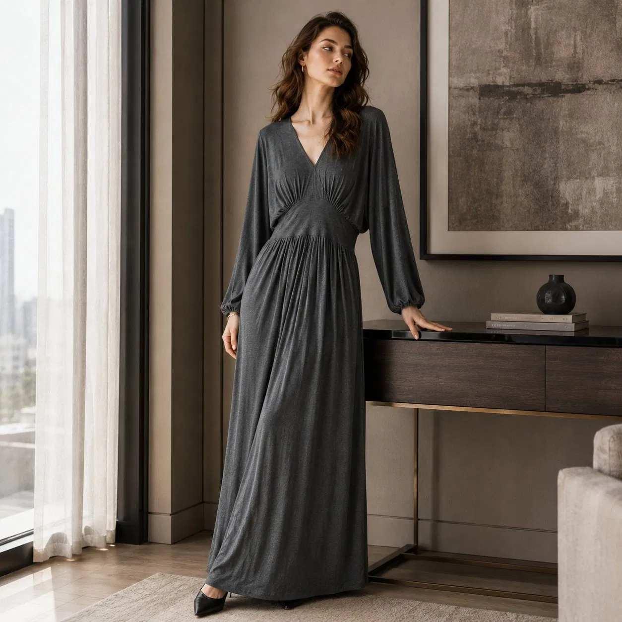 Vestido Maxi com Decote em V Sólido, Cintura Reunida, Manga Longa Balão, Solto e Fluido, Comprimento até o Chão, Casual, para Lazer, Cor Personalizada em Estoque, Atacado