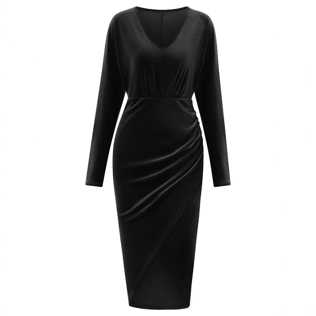 Vestido Casual de Inverno Moda V-Colorido Sólido Vestido de Veludo Vestido de Noite