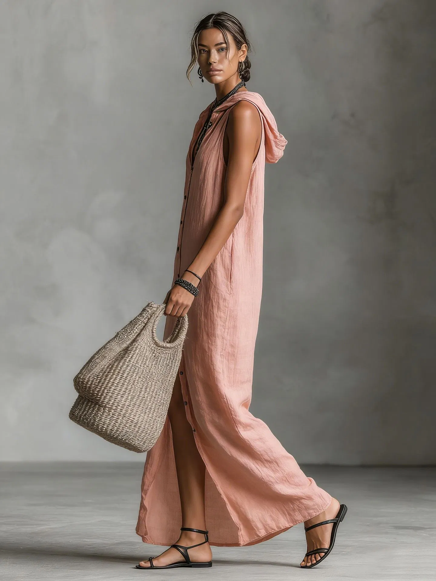 Vestido maxi sem mangas com capuz e botões na frente para mulheres